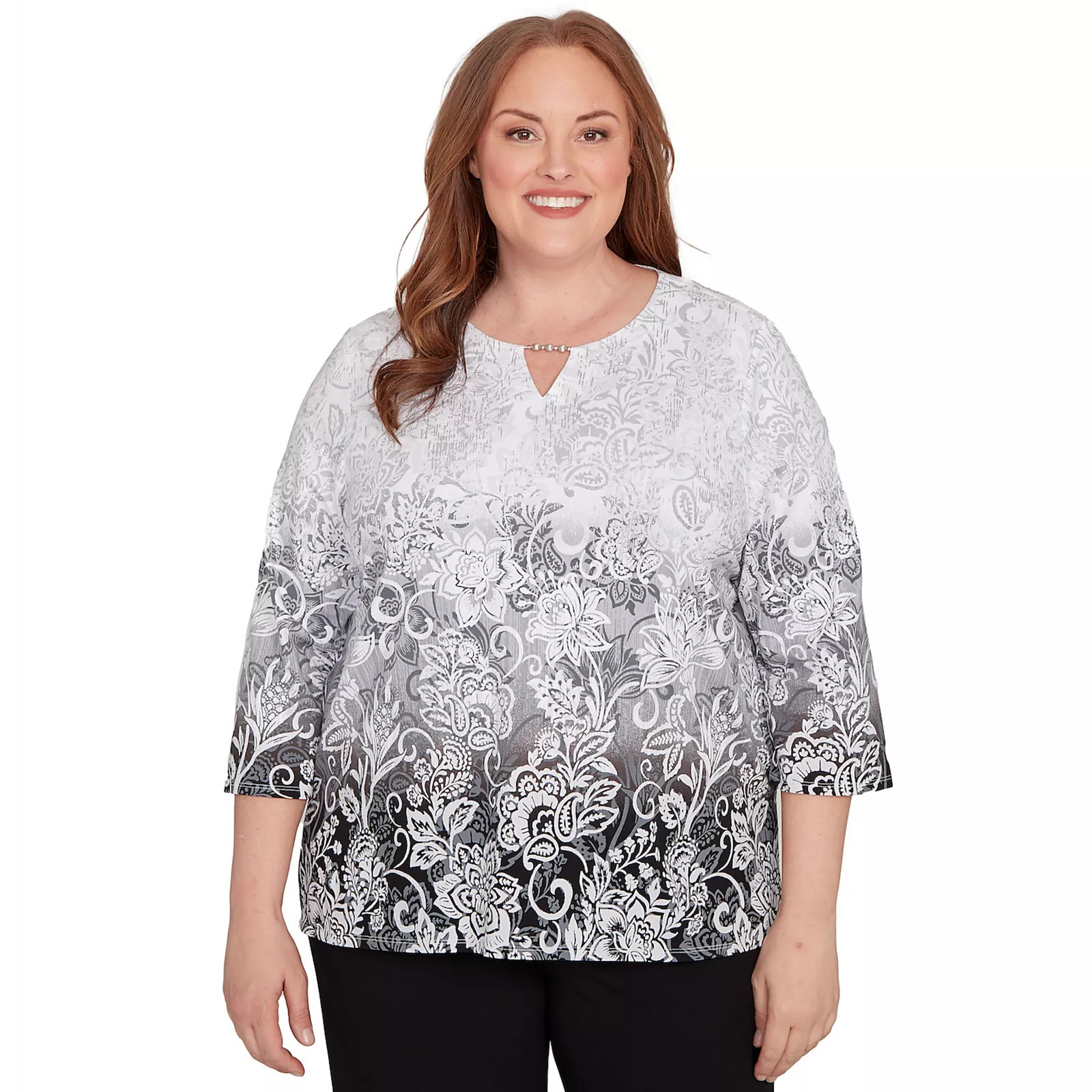 Plus Size Alfred Dunner Ombre Scroll Split Beaded Neck Top, Women's, Size: 2XL, Gray | Kohl's