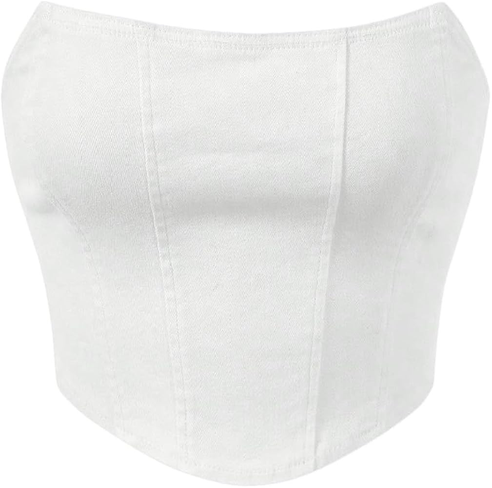 Milumia Women's Hanky Hem Denim Tube Top Strapless Zip Back Corset Bandeau Tops | Amazon (US)