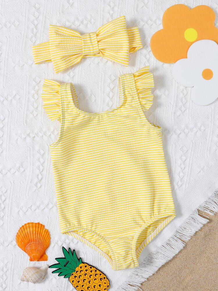 Baby Girl Striped Ruffle Trim One Piece Swimsuit With Hairband | SHEIN