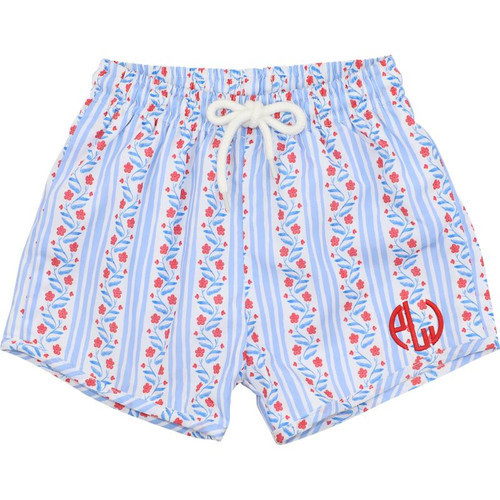 Red And Blue Floral Striped Swim Trunks | Cecil and Lou