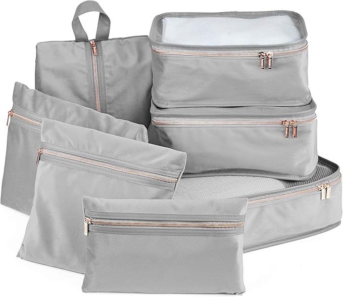 Beautify Packing Cubes Luggage Organizers – 7 Pieces - Gray Velvet & Rose Gold - Vacation Trave... | Amazon (US)