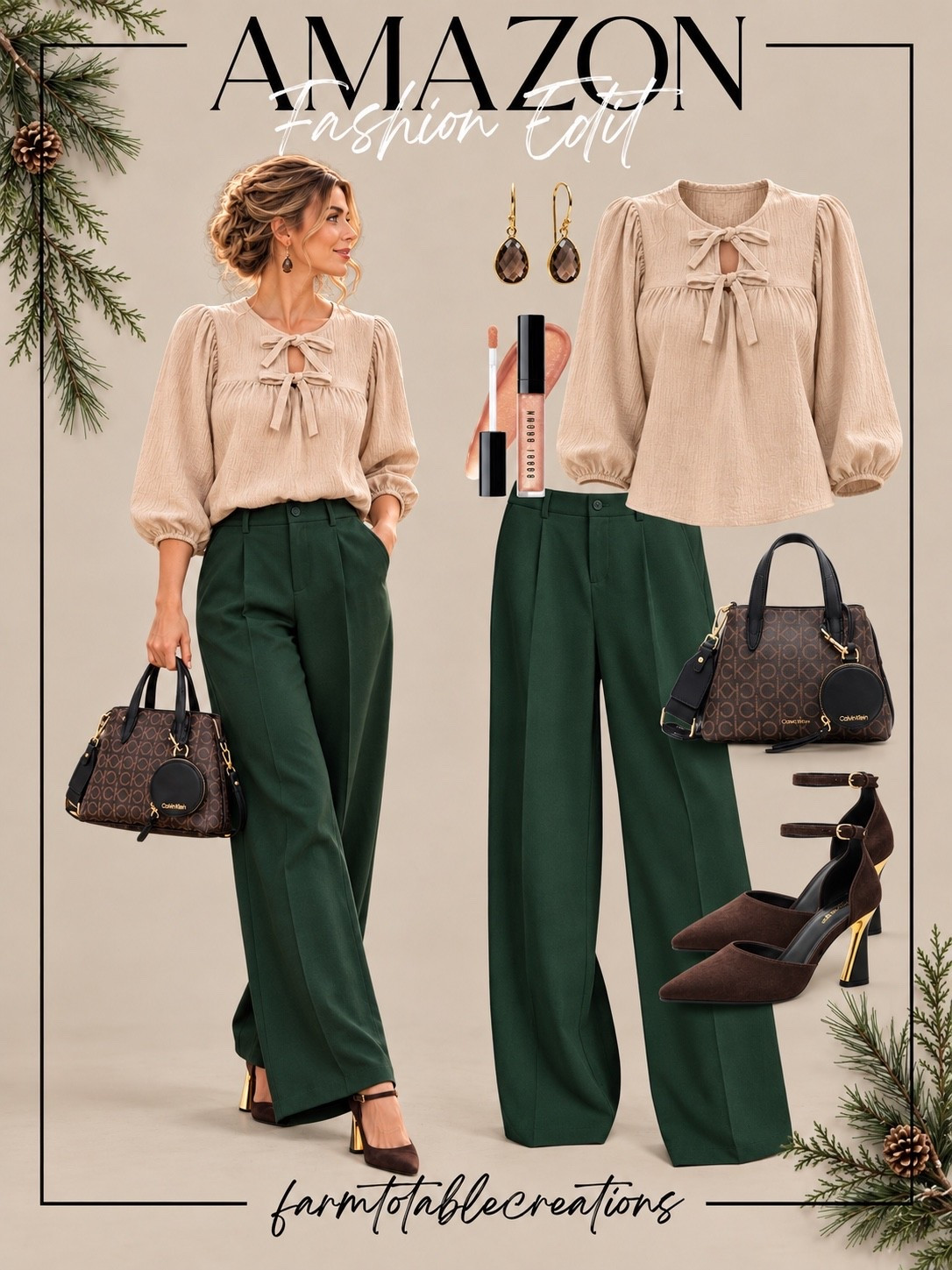 Amazon Fashion Finds | Elegant & Classy Holiday Style 🤎🌲✨

A little holiday elegance with a timeless, sophisticated touch! 🤍 These Amazon fashion finds are perfect for creating a polished look that’s both feminine and effortlessly chic. I’m loving the soft champagne bow-detail blouse paired with rich emerald green wide-leg trousers, chocolate brown heels, and gorgeous gold accessories. The combination of warm neutrals and deep green is absolutely stunning for the holiday season!

Whether you’re heading to the office, enjoying a holiday lunch, attending a Christmas gathering, or dressing up for date night, this outfit is the perfect balance of classy and comfortable. Add a structured handbag, delicate earrings, and a glossy neutral lip to complete this effortlessly elevated look! ✨

Follow @farmtotablecreations on Instagram for more cozy home finds and trending decor.

#LTKStyle #LTKFashion #AmazonFashion #AmazonFinds #AmazonStyle #HolidayOutfit #HolidayFashion #ChristmasOutfit #ClassyOutfits #ElegantStyle #WorkwearStyle #OfficeOutfit #BusinessCasual #WideLegTrousers #FeminineFashion #AffordableFashion #ChicStyle #HolidayStyle #WinterFashion #LTKFinds