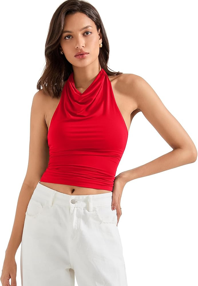 SUUKSESS Women Halter Backless Tank Tops Sexy Cowl Neck Summer Going Out Cami Tops | Amazon (US)
