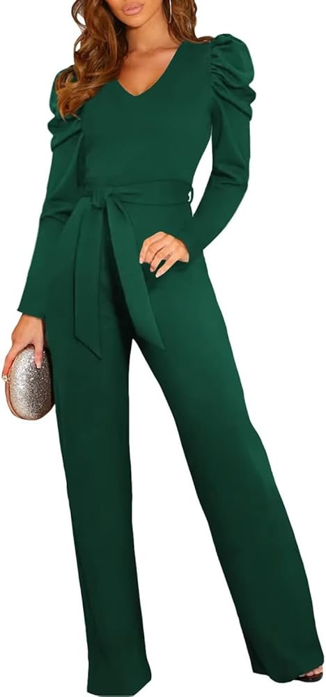 BLENCOT Womens Jumpsuit Short Sleeve Casual v Neck Belted Wide Leg Formal Rompers Jumpsuits S-XL | Amazon (US)