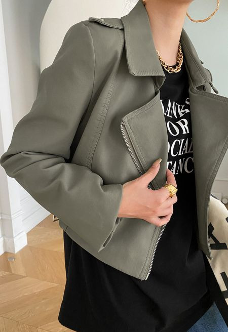 Edgy Faux Leather Moto Jacket in Sage | Chicwish
