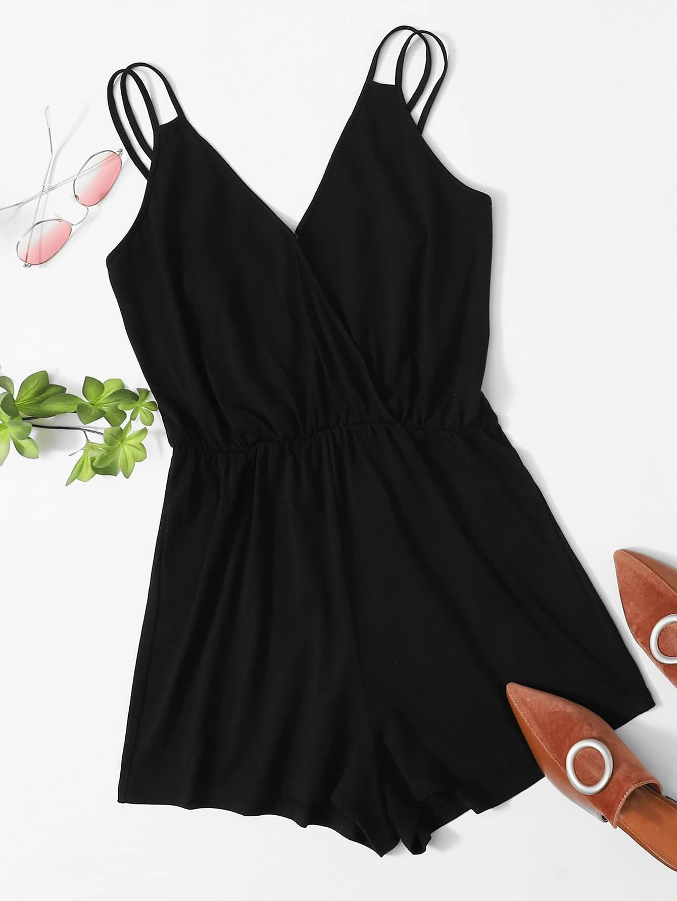 SHEIN Surplice Neck Double Strap Solid Cami Romper | SHEIN