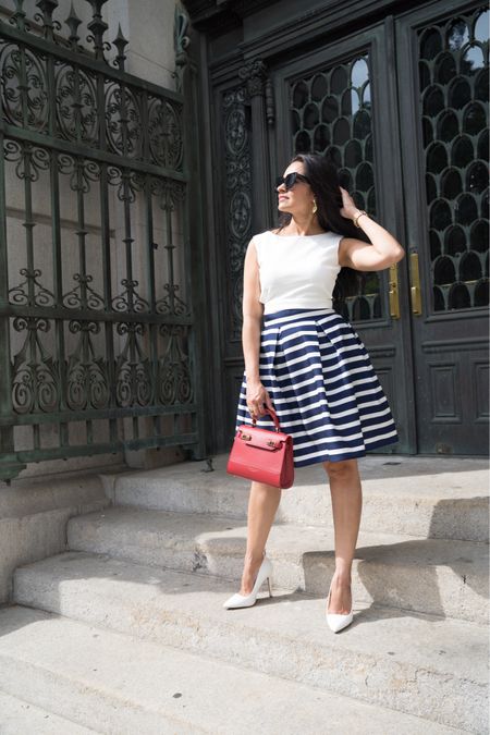 Striped skirt 
Bow top 
White crop top 
Work outfit 

#LTKSaleAlert #LTKWorkwear #LTKFindsUnder50