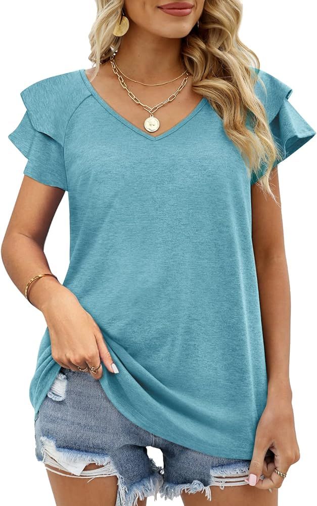 OFEEFAN Womens Summer Tops Ruffle Short Sleeve V Neck T-Shirts Casual Loose Fit | Amazon (US)