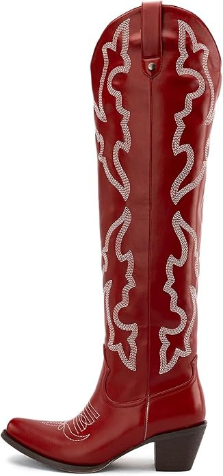 Womens White Cowgirl Boots Fashion Over the Knee Boots With Classic Embroidery Chunky Heels And W... | Amazon (US)