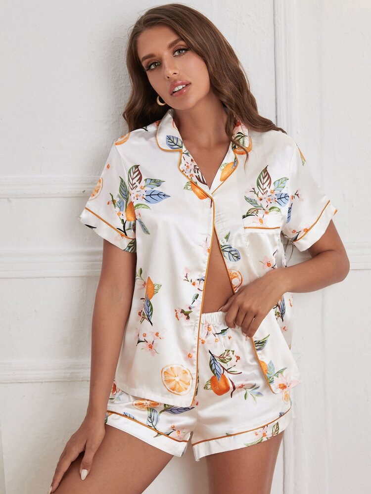 Fruit Print Contrast Piping Satin Night Set | SHEIN