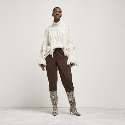 Cream fringe detail cable knit jumper | River Island (UK & IE)