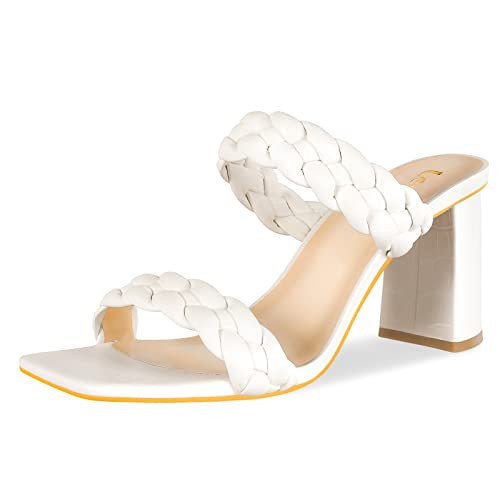 Leevar Braided Sandals for Women - Stylish Square Toe Braided Heels for Women - White Womens Braided Block Heel Sandals - 3 inches Woven Chunky Heels, White, Size 8 | Amazon (US)