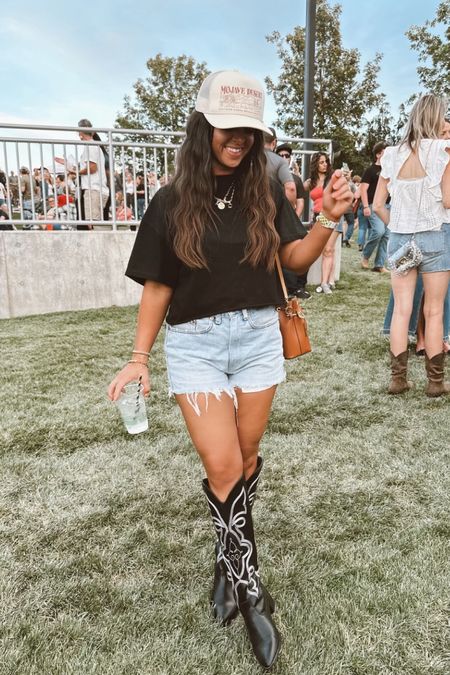 Country concert outfit 

Summer outfit 
Cowboy boots 
Denim shorts 
Trucker hat 
Summer find 

#LTKParties #LTKFindsUnder50 #LTKStyleTip