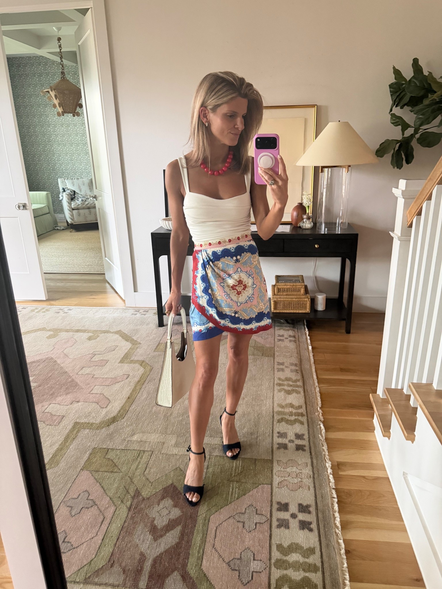 Skirt: farm rio (xs). Top: reformation (xs). Necklace: bauble bar. Purse: staud (old). Heels: Zara (old)