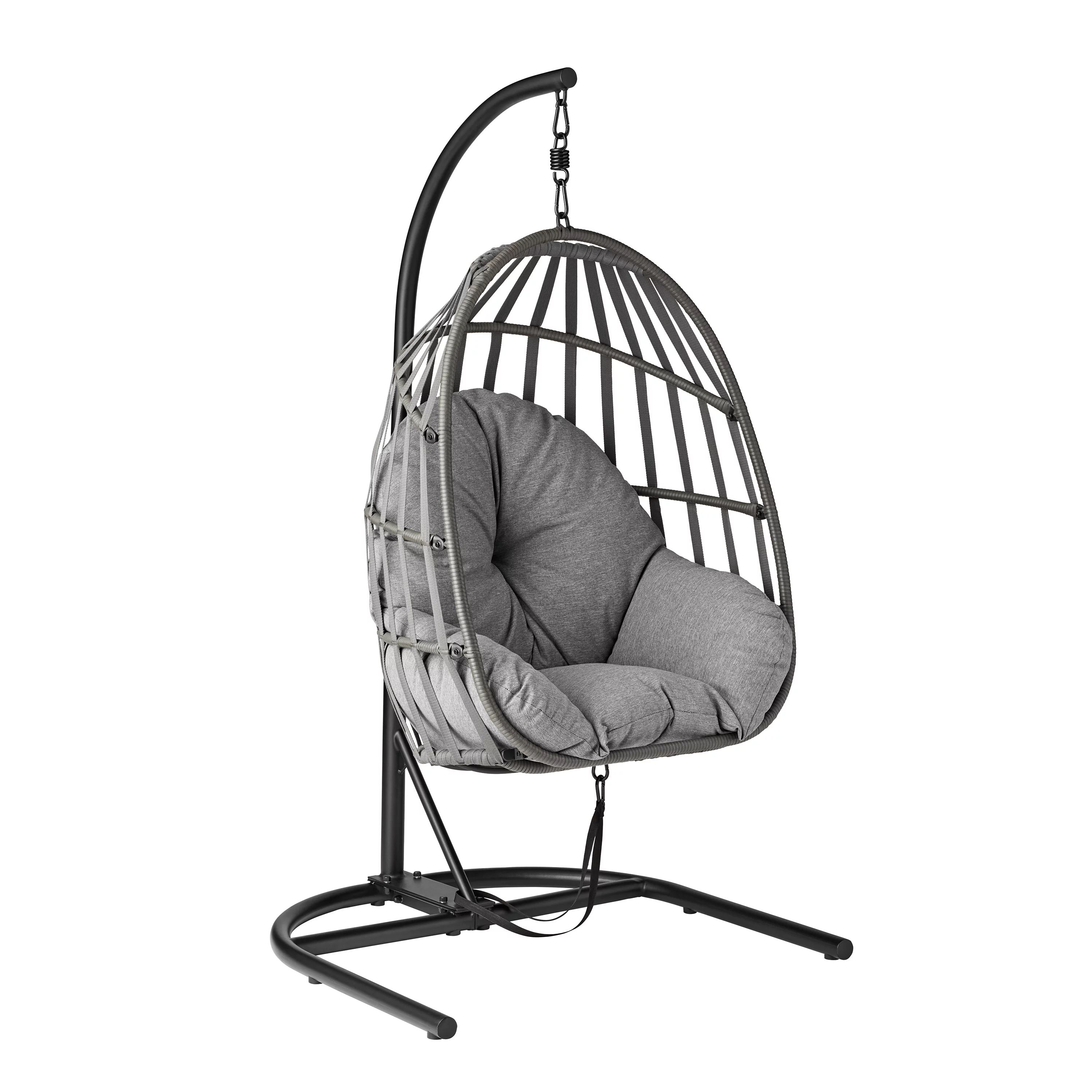 Mainstays Wicker Outdoor Patio Hanging Egg Chair with Olefin Cushion and Metal Stand, Gray - Walm... | Walmart (US)