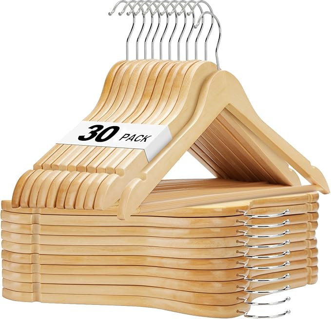 HOUSE DAY Wooden Hangers 30 Pack, Solid Wood Clothes Hangers with Non Slip Pant Bar, Heavy Duty W... | Amazon (US)