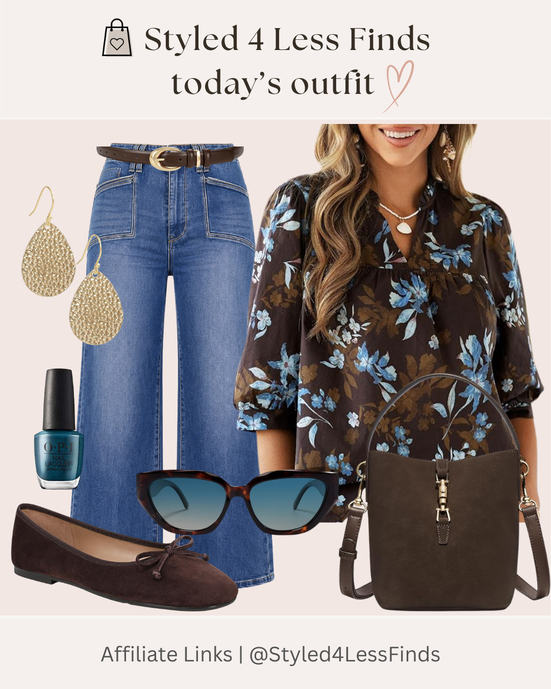 Although I'm still soaking up the last days of summer, I can't help but get excited for fall fashion! 🤎🍁

This look is the perfect way to ease into the new season with rich chocolate brown, beautiful blue florals, and flattering wide-leg denim. It's polished, comfortable, and easy to wear from coffee dates to weekend errands.

✨ Style Tip:
When transitioning from summer to fall, swap your sandals for suede ballet flats, add a rich brown handbag, and choose deeper accessories like tortoise sunglasses and gold jewelry. You'll instantly give your outfit an autumn feel without needing a sweater. 

 #LTKcanada #LTKjeans #LTKstyletip
