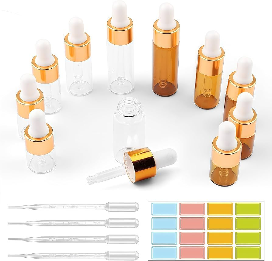 10PCS Mini Glass Dropper Bottles Set (1ml,2ml,3ml,4ml,5ml x 2 Each) with 4 Transfer Pipettes & Co... | Amazon (US)