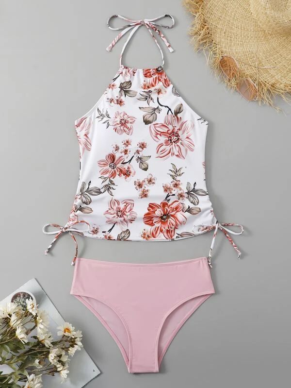 Random Floral Print Drawstring Side Tie Backless Halter Bikini Swimsuit | SHEIN