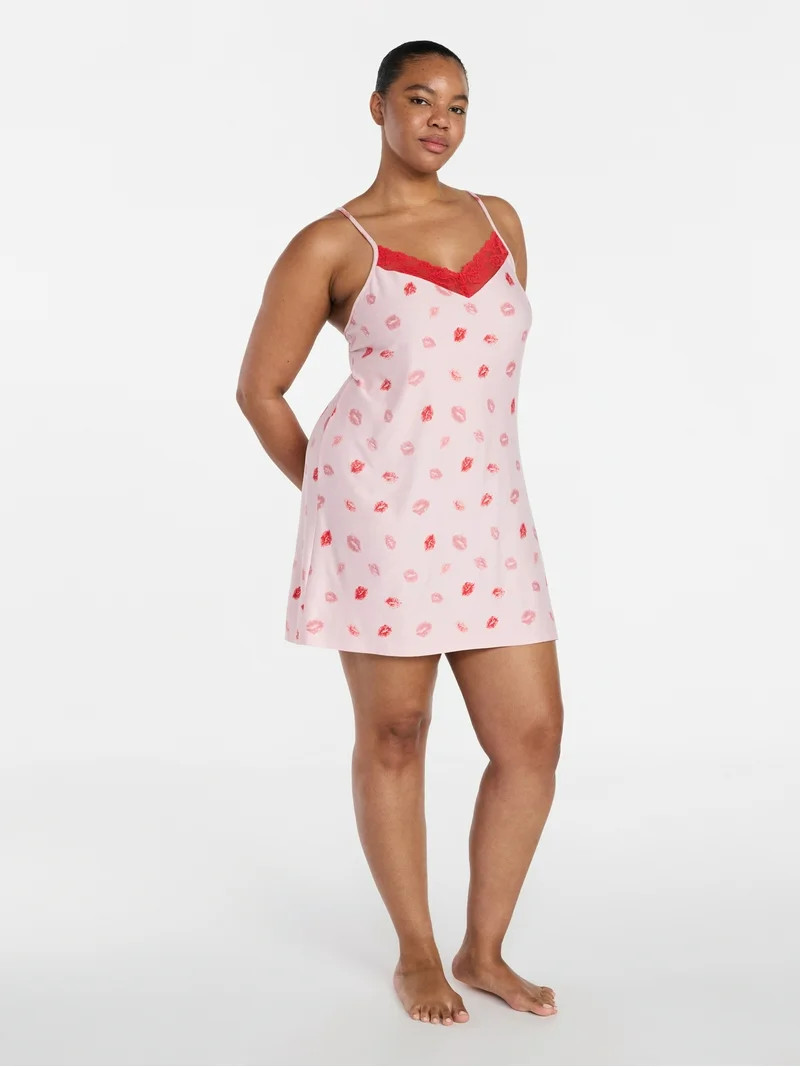 Joyspun Women’s Dreamy Soft Collection Lace Front Knit Valentine's Day Chemise, Sizes XS to 3X | Walmart (US)