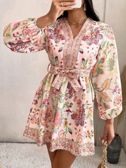 Floral Print Bishop Sleeve Belted Dress | SHEIN