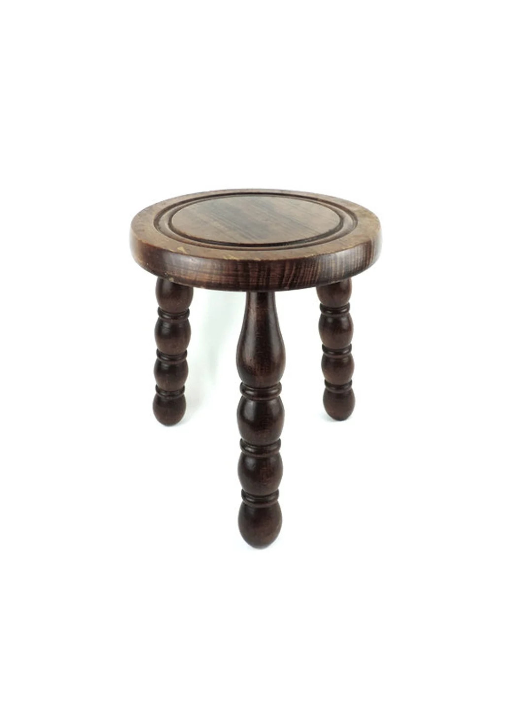 French Vintage 12" Round Milking Stool with Bobbin Legs, Rustic Three Legged Farm Stool | Etsy (US)