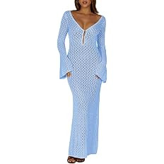Saodimallsu Womens Crochet Maxi Cover Up Dress Beach Swim Vacation Coverups Long Sleeve Sexy Body... | Amazon (US)