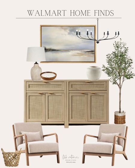 Walmart Home Finds 
Sideboard buffet cabinet / 8-light chandelier / accent chair set of 2 / faux olive plant / table lamp / wood tray candle / framed wall art / distressed stoneware vase 

#LTKHome