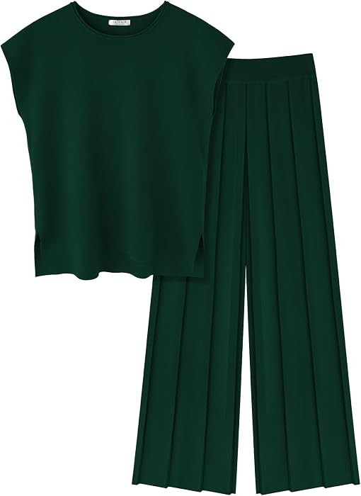Ekouaer Lounge Sets for Women Two Piece Outfits Knit Cap Sleeve Tops Wide Leg Pleated Pants Casual Dressy Sweater Sets | Amazon (US)