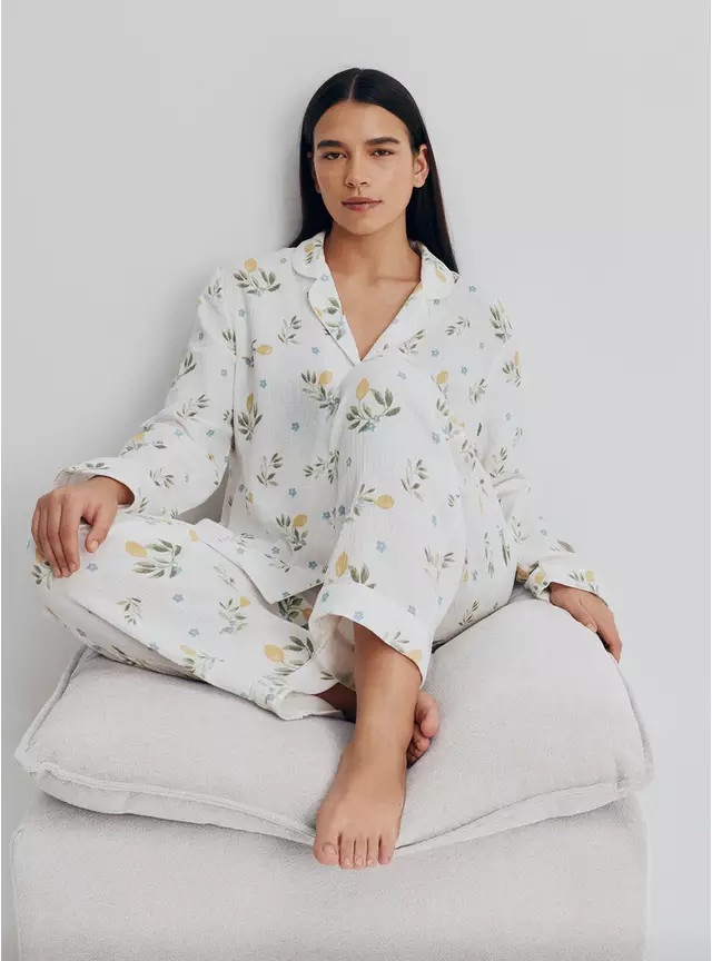 White Lemon Print Double Cloth Traditional Pyjamas M | Tu Clothing