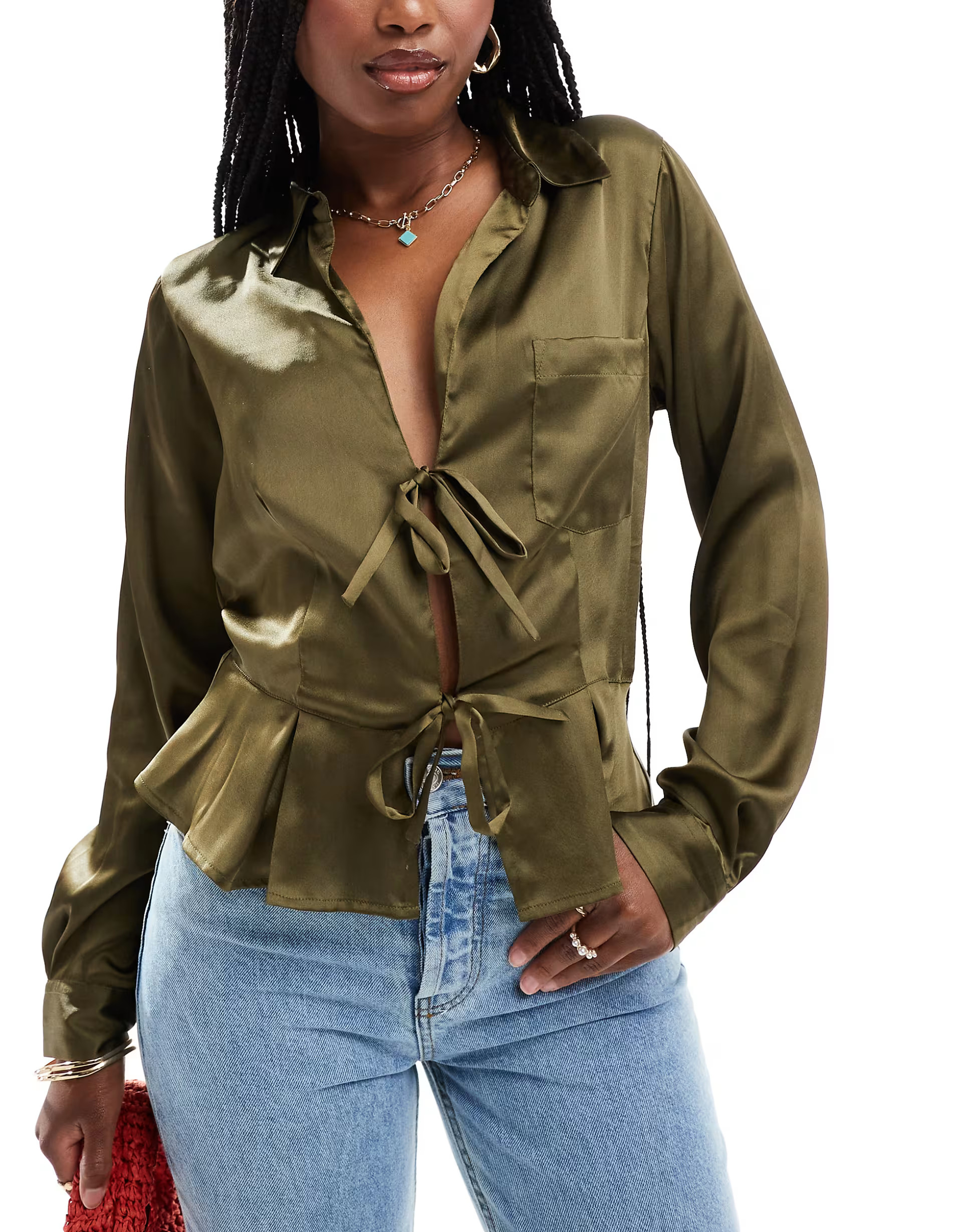 ASOS Design tie front satin shirt in khaki | ASOS | ASOS (Global)