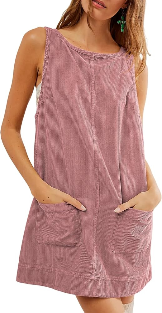 Hooever Women's Corduroy Overall Dress Round Neck A Line Skirtall Jumper Mini Dress Pinafore with... | Amazon (US)