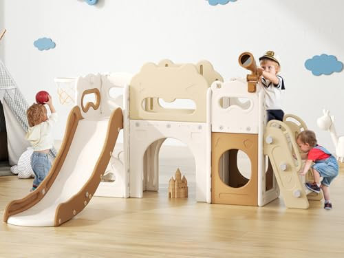Toddler Slide Indoor, 8 in 1 Indoor Playground for Kids 1-3 Toddler Playset with Climber, Basketball Hoop, Tunnel and Storage Space Kids Outdoor Slide Playset (Coffee) | Amazon (US)