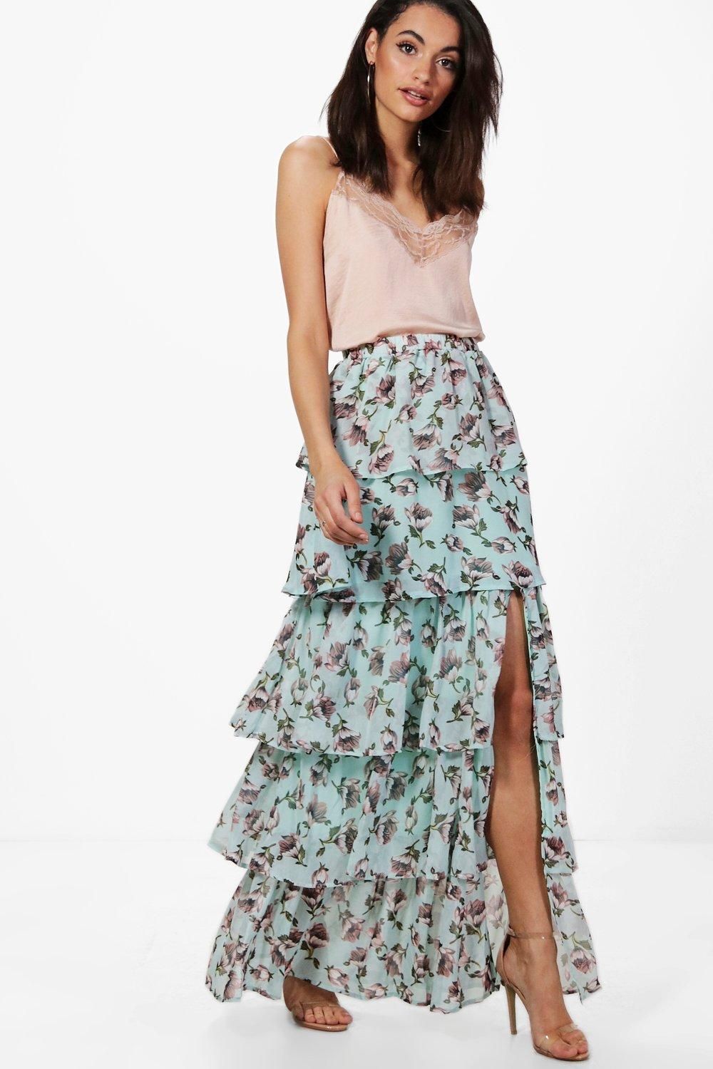 Everly Large Floral Ruffle Tiered Maxi Skirt bluebell | Boohoo.com (US & CA)