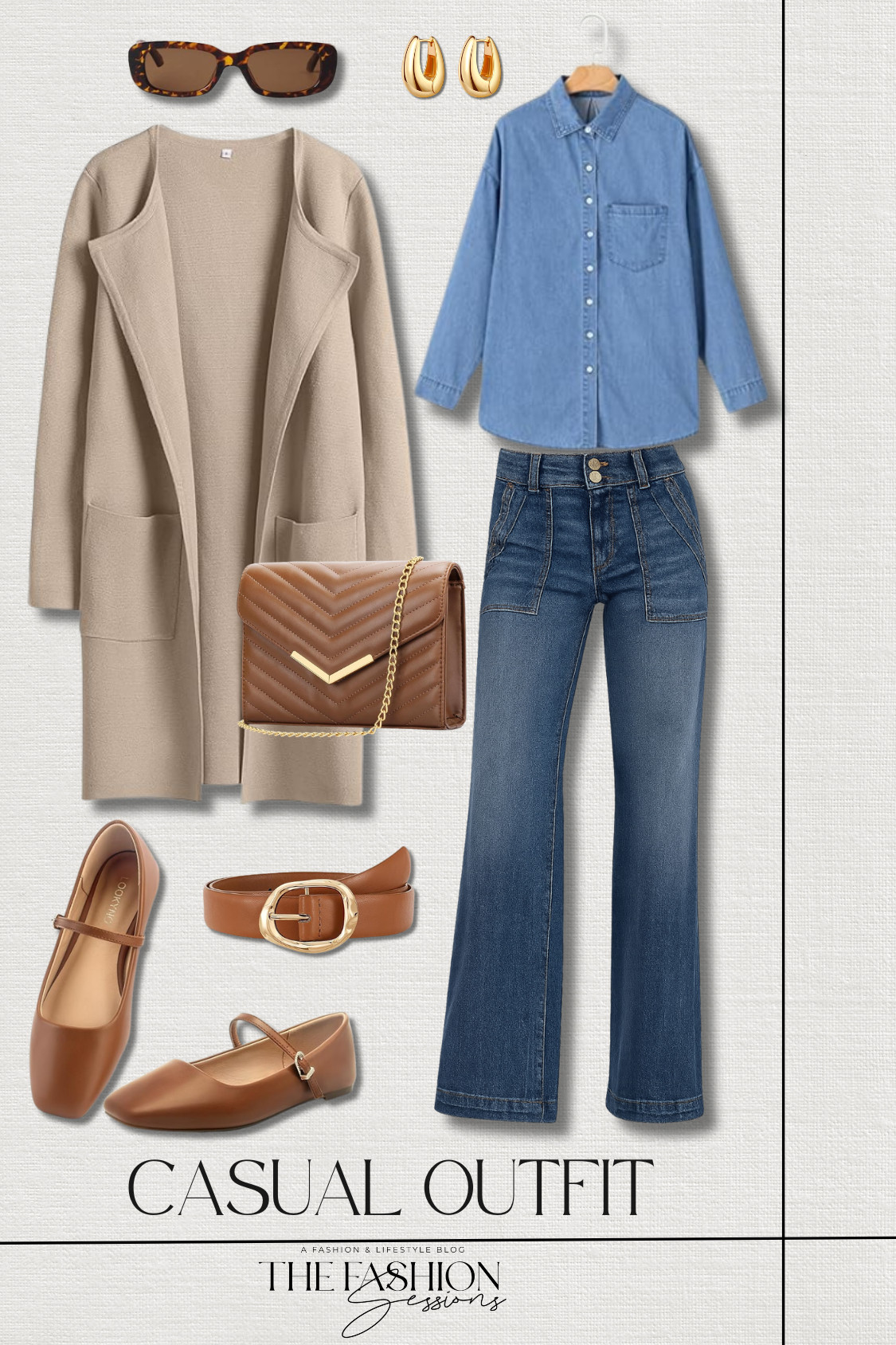 Casual outfit inspo, perfect for transitioning weather!
denim button down shirt | high-rise wide leg jeans | long cardigan sweater | ballet mary jane flats | leather belt | leather evening envelope clutch bag | huggie hoop earrings | tortoiseshell sunglasses | winter outfit | spring outfit | shopping outfit | casual outfit 

 #LTKootd #LTKSeasonal #LTKOver40
