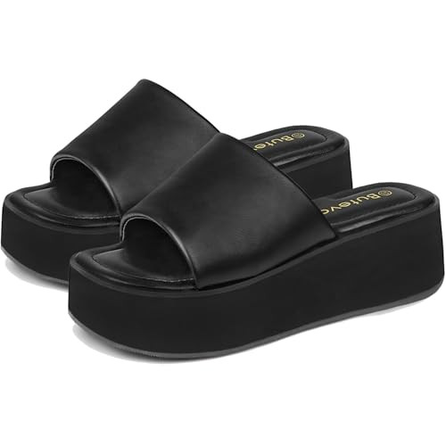 Chunky Platform Sandals for Women - Comfort Black Open Toe Slip on Platform Slides Y2K Wedge Sand... | Amazon (US)