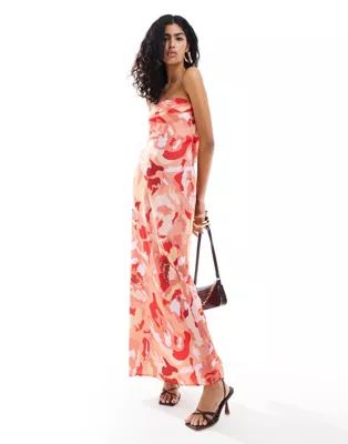 Pretty Lavish satin bandeau maxi dress in red abstract floral | ASOS | ASOS (Global)