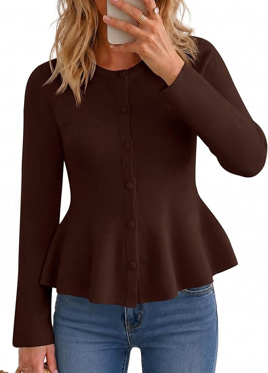 Saodimallsu Womens Peplum Tops Ruffle Cropped Cardigan Trendy Knit Sweater | Long Sleeve,Button U... | Amazon (US)
