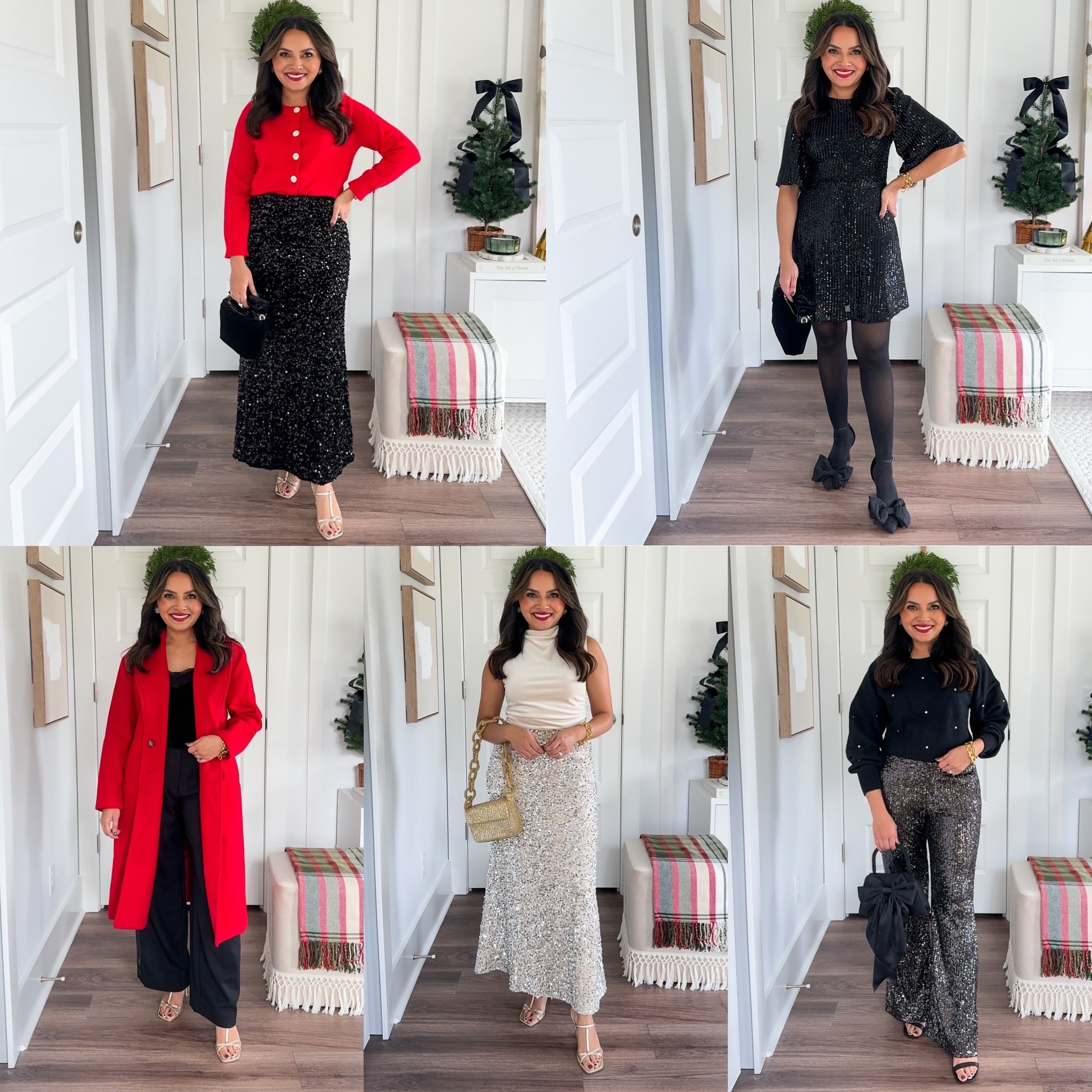 Red cardigan size XS TTS - Use code HONEYSWEET15 for 15% off
Black sequin skirt size XS regular TTS - my skirt is last years version but it does come in petite too!
Gold heels size 5 TTS

Black sequin mini dress size XS petite TTS 
Tights size small TTS 
Black bow heels size 5 TTS

Red coat size XS Petite TTS
Black lace trim velvet top size XS petite TTS
Black trouser pants size 2 petite TTS 
Gold heels size 5 TTS

Champagne top size XS petite TTS
Champagne sequin skirt size XS - a little snug in the waist , I’d size up a size
Gold heels size 5 TTS 

Black rhinestone sweater size XS TTS 
Black sequin flare plants size XS Petite TTS 
Black heels size 5 TTS

Red lipstick shade 21 Rouge Paradox

Holiday Outfits 
Holiday style 
Christmas outfit 
Holiday party
Christmas style 
Christmas party 

Honey Sweet Petite 
Honey sweet petite

#LTKParties #LTKStyleTip #LTKHoliday