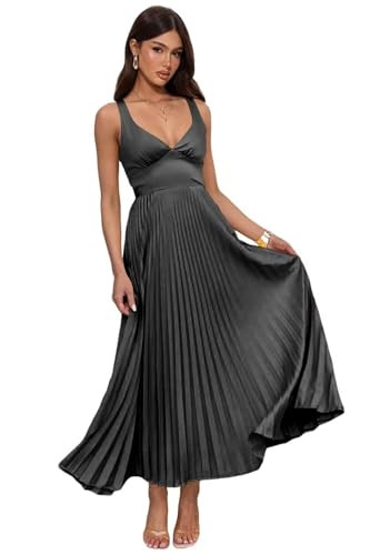 Pleated Satin Bridesmaid Dress V-Neck Formal Party Dresses for Women GR009 | Amazon (US)