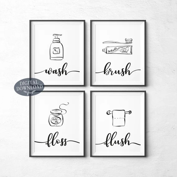 Printable Bathroom Wall Decor Wash Brush Floss Flush Black | Etsy | Etsy (US)