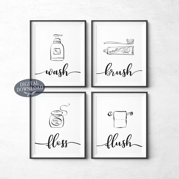 Printable Bathroom Wall Decor Wash Brush Floss Flush Black | Etsy | Etsy (US)