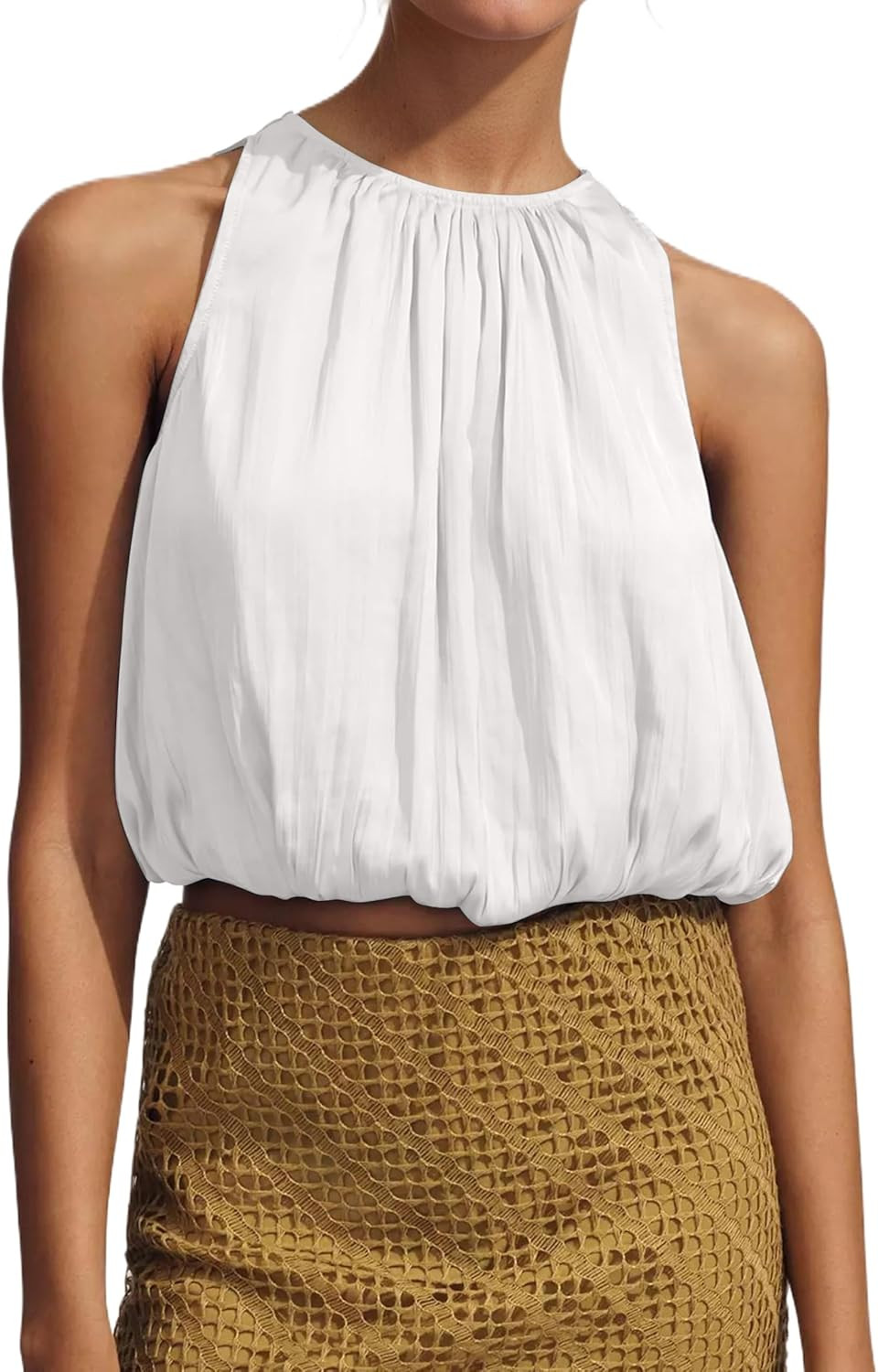 Ythomm Women’s Halter Crop Bubble Tops Summer Sleeveless Crewneck Puffy Hem Cropped Tank Tops Fitted Cute Going Out Shirt Top | Amazon (US)