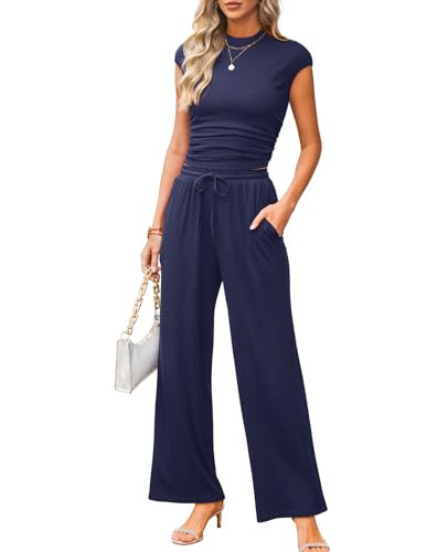 XIEERDUO Two Piece Sets for Women Summer Travel Vacation Airport Outfits Business Casual Lounge Matching Sets Women Clothing Resort Wear 2025 Mock Neck Tops Wide Leg Pants Beach Fashion Dark Blue S | Amazon (US)