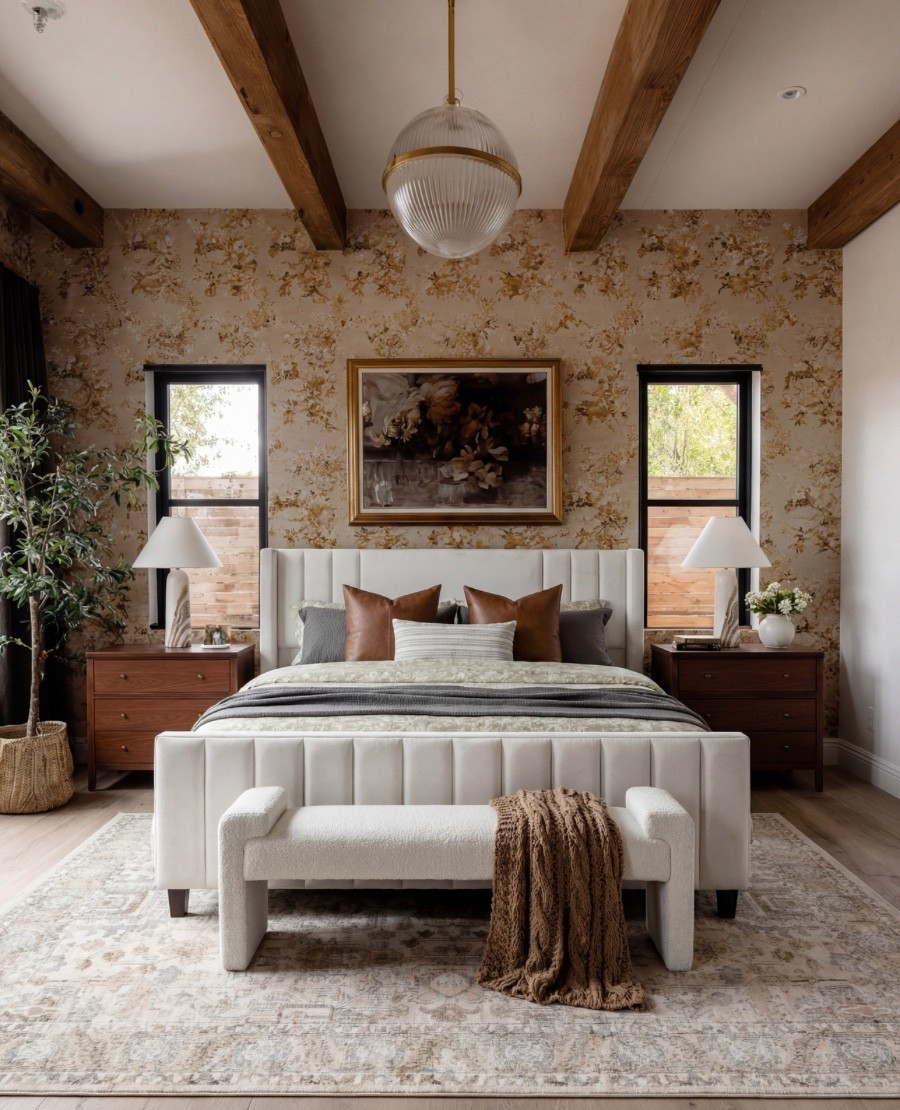 A warm and layered bedroom styled with earthy neutrals, organic textures, and timeless modern-transitional details. This space blends soft luxury with natural elements, creating a serene retreat that feels both elevated and deeply comforting.

The bed features an ivory channel-tufted upholstered frame, wrapped in a smooth, velvet-like fabric that adds subtle sheen and softness. A curved bouclé bench in soft cream sits at the foot, grounding the room with tactile texture and sculptural form. Draped over it, a chunky knit throw in a rich camel-brown tone brings warmth and coziness to the palette.

The botanical textured wallpaper behind the bed sets the mood — a blend of warm gold, beige, and muted taupe with a softly distressed pattern that creates depth and visual movement. Overhead, exposed natural-oak ceiling beams introduce rustic structure and harmonize with the room’s earthy tones.

Flanking the bed, walnut nightstands in a deep chestnut finish add contrast and richness, styled with ivory ceramic table lamps featuring a matte, stone-textured base that offers a quiet sculptural presence. The bedding layers sage green linens, charcoal accents, and cognac leather pillows, creating a collected tonal mix that feels organic and refined.

A vintage-inspired neutral rug in washed beige, cream, and soft grey grounds the room with pattern and warmth, adding to the cozy, lived-in elegance of the space.

✨ Shop the look:
• Ivory channel-tufted upholstered bed
• Cream bouclé bench
• Camel chunky knit throw
• Botanical textured wallpaper (gold, taupe, beige tones)
• Walnut nightstands – chestnut finish
• Matte ivory stone-textured table lamps
• Cognac leather accent pillows
• Sage and charcoal layered bedding
• Vintage-inspired neutral area rug
• Natural-oak exposed ceiling beams
• Gold-framed floral artwork

Black Friday

#LTKCyberWeek #LTKSaleAlert #LTKHome
