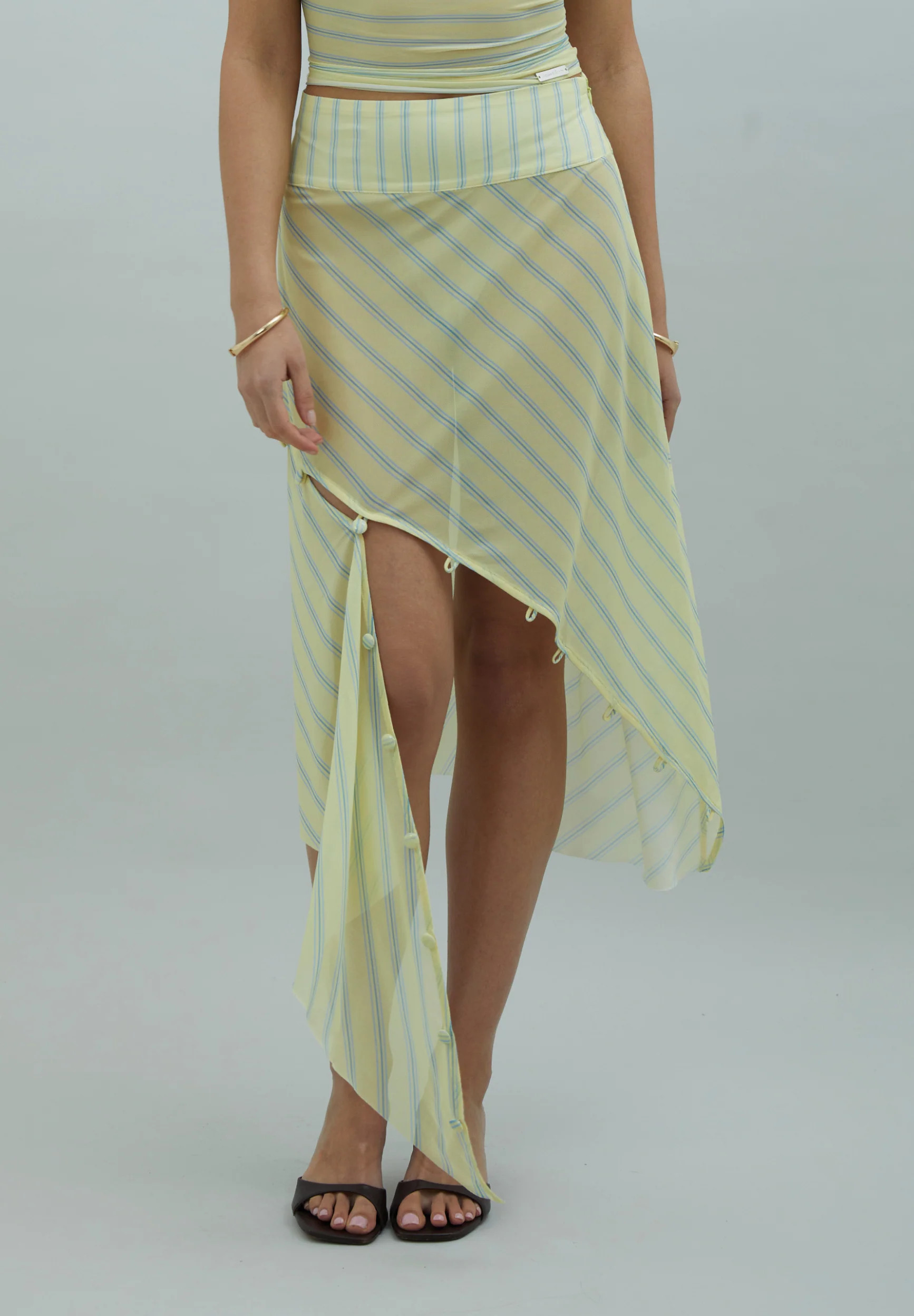 Recycled Striped Mesh Asymmetric Skirt | House of Sunny Yellow Midi | House of Sunny