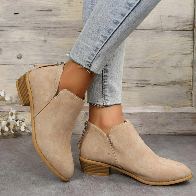 HAOTAGS Women's Leather Booties Low Heel Ankle Boots Mid Heel Back Zipper Womens Dressy Shoes Kha... | Walmart (US)