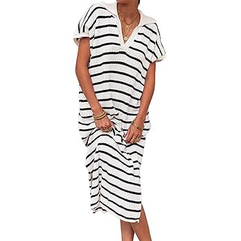 Saodimallsu Womens Striped Summer Dresses Short Sleeve V Neck Knit Collared Sexy Slit Loose Maxi ... | Amazon (US)