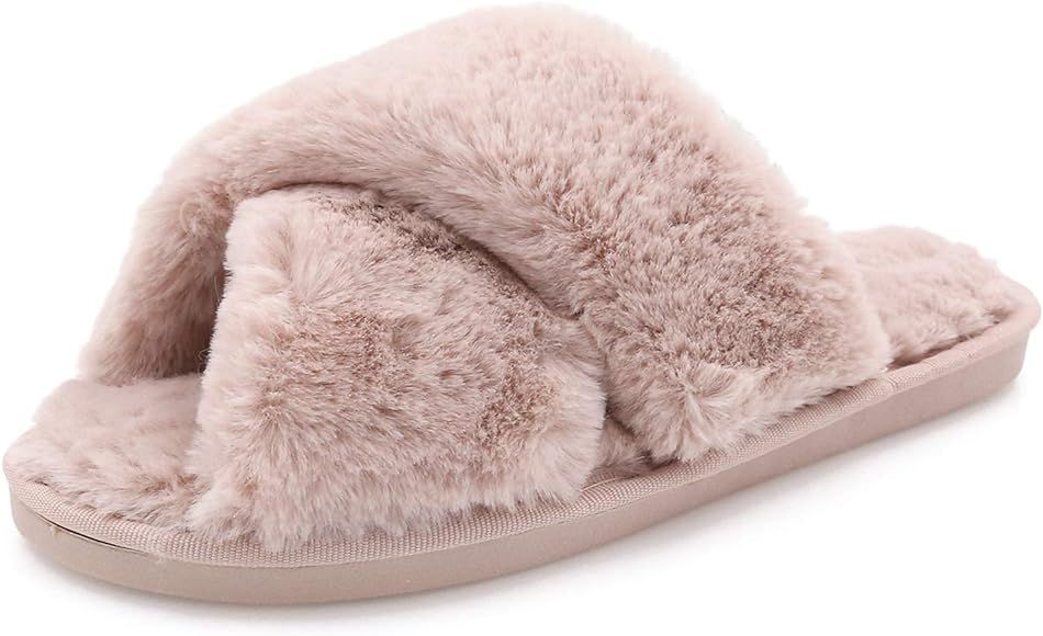 Women's Cross Band Soft Plush Fuzzy House/Indoor Slippers,Open Toe Faux Fur Fluffy Flats Slippers... | Amazon (CA)
