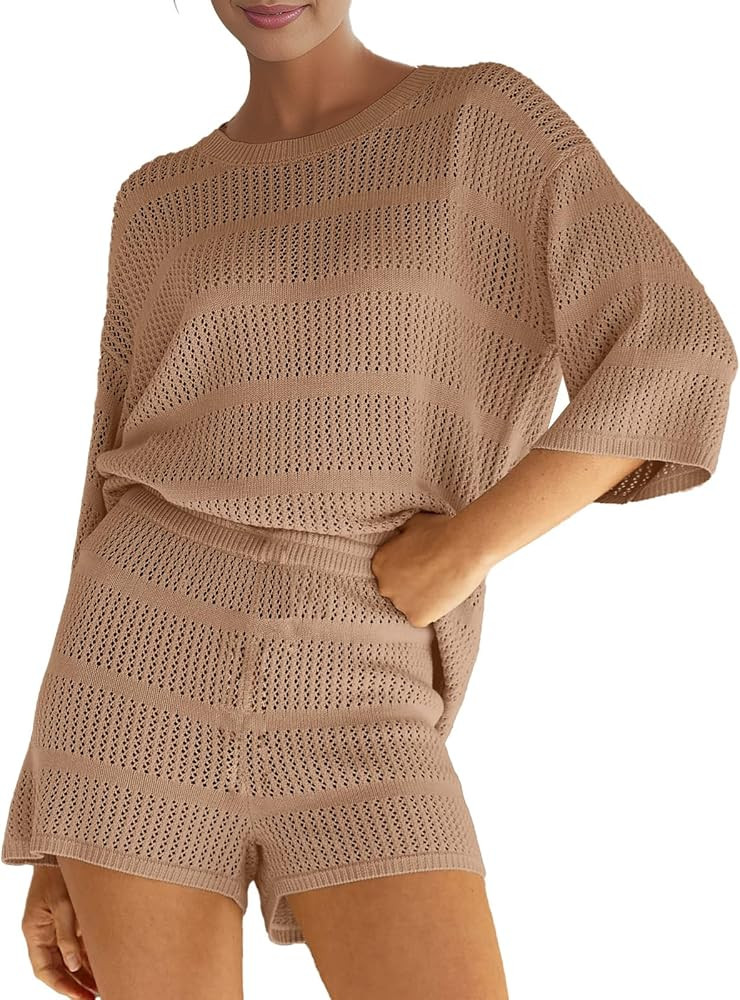 SuperPrity Women Swimsuit Coverup Set 2 Piece Crochet Hollow Out Knit 3/4 Sleeve Tops and Shorts ... | Amazon (US)